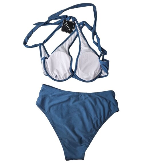 Zaful Womens Cross-Back Halter Bikini Set Blue Size Med Tie-Back Stylish Beach - Picture 2 of 7